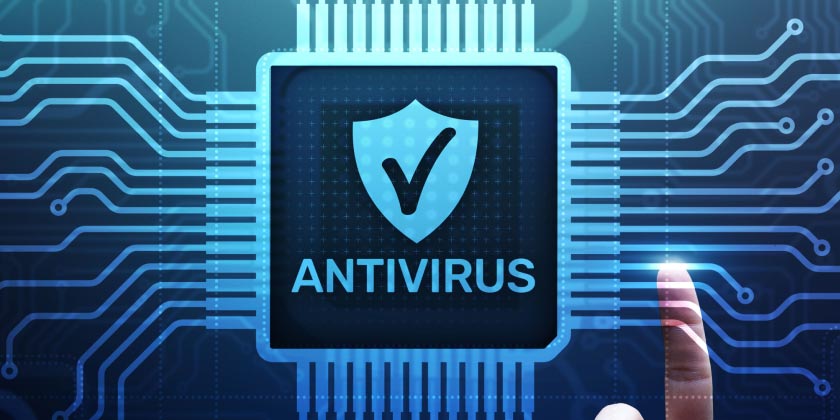 An Antivirus logo in a futoristic setting