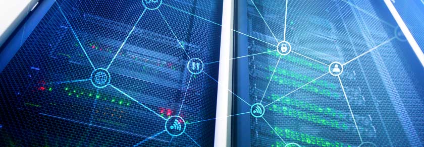 Network icons across a rack of servers