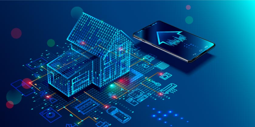 A futoristic wireframe of a house with IoT devices connected