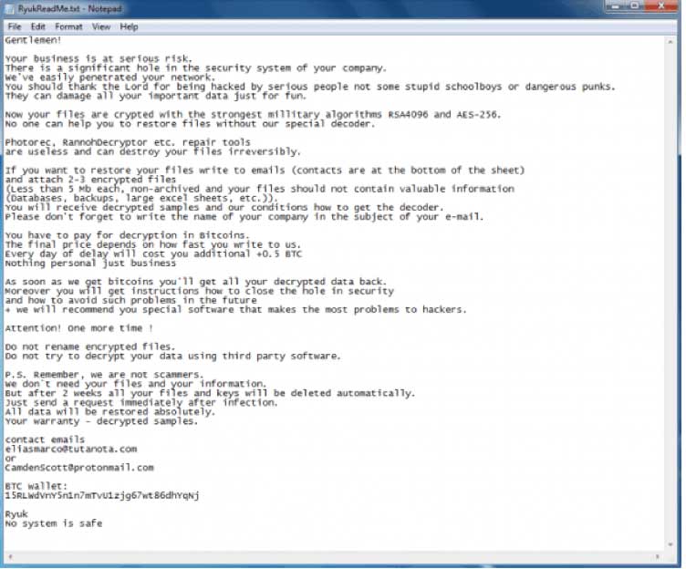 A text file example of a Ryuk ransom