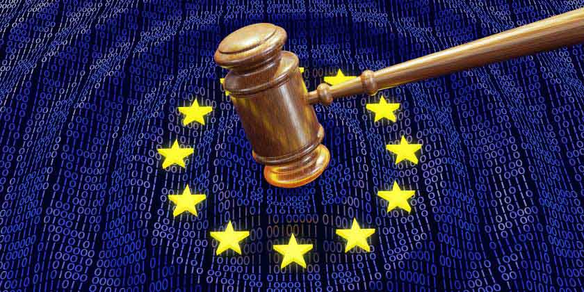 A gavel on an EU flag